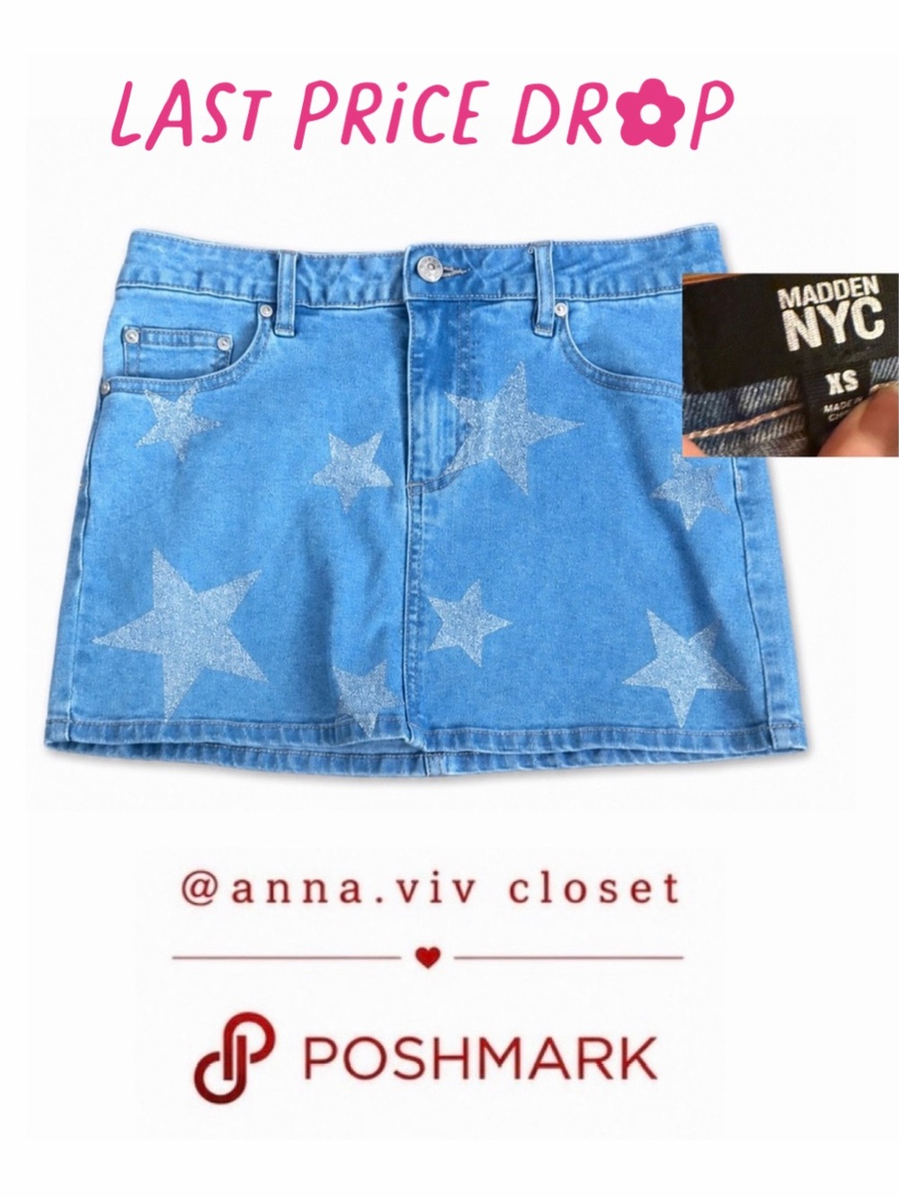 Madden NYC Denim Mini Skirt with Sparkling Star Studs